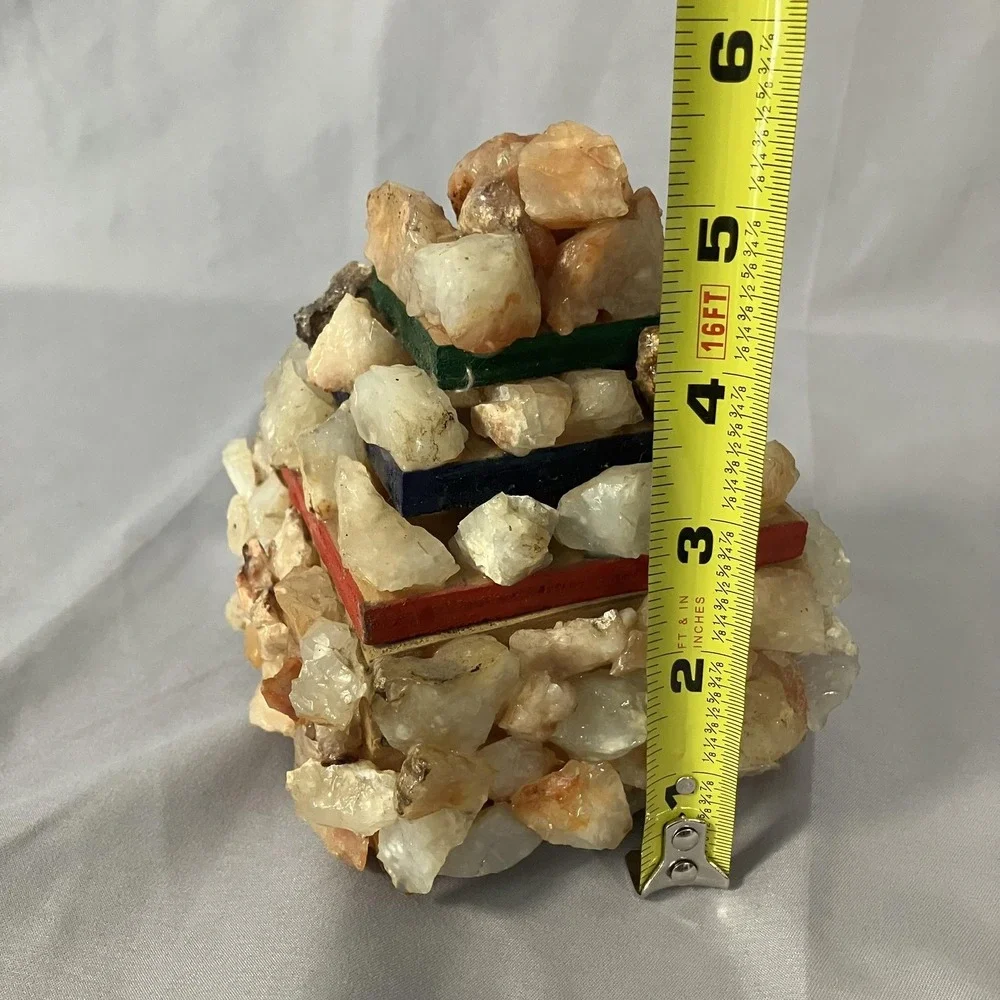 Handmade Stone Quartz Rock Encrusted Pyramid Trinket Jewelry Box Wood‎ Keepsake